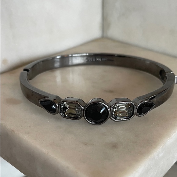 GIVENCHY Black and Silver Stone Gunmetal Silver Hinged Bangle Bracelet